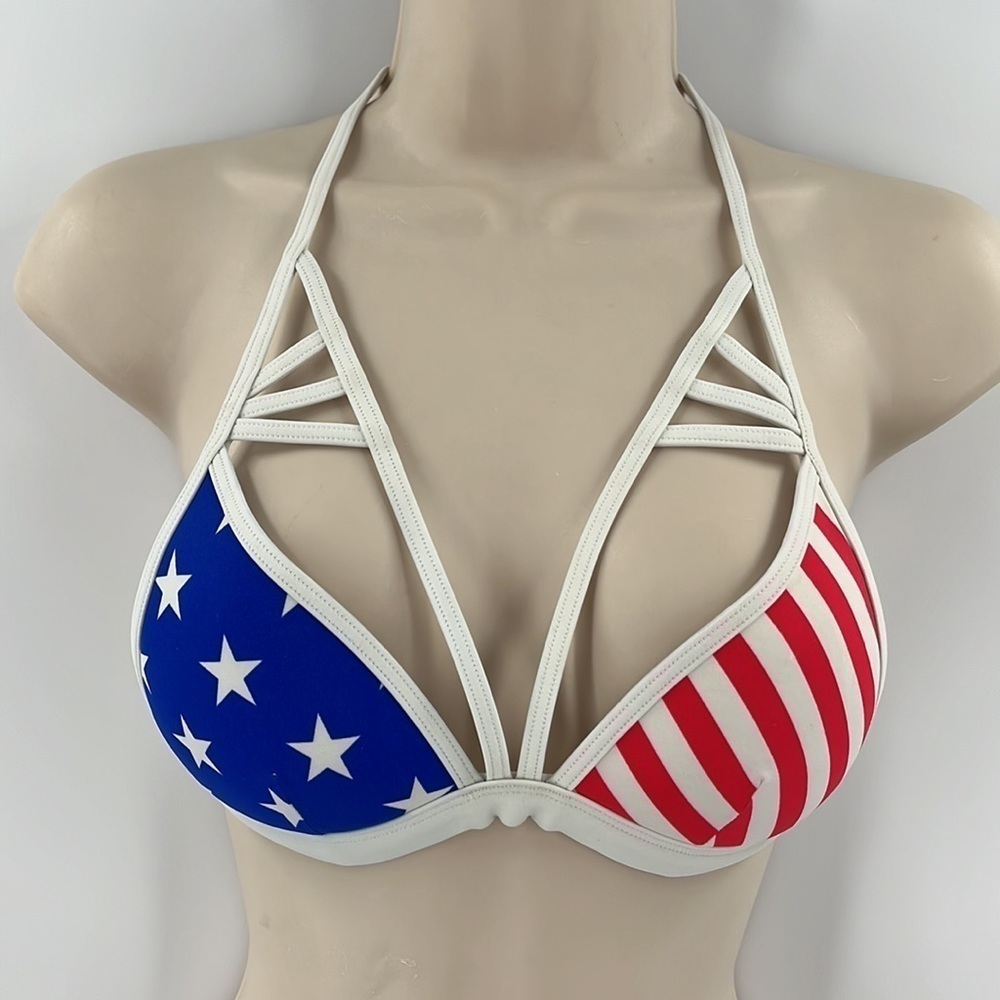 Vs PINK Bikini Top Patriotic Stars and Stripes Red White Blue Strappy Cage XS
